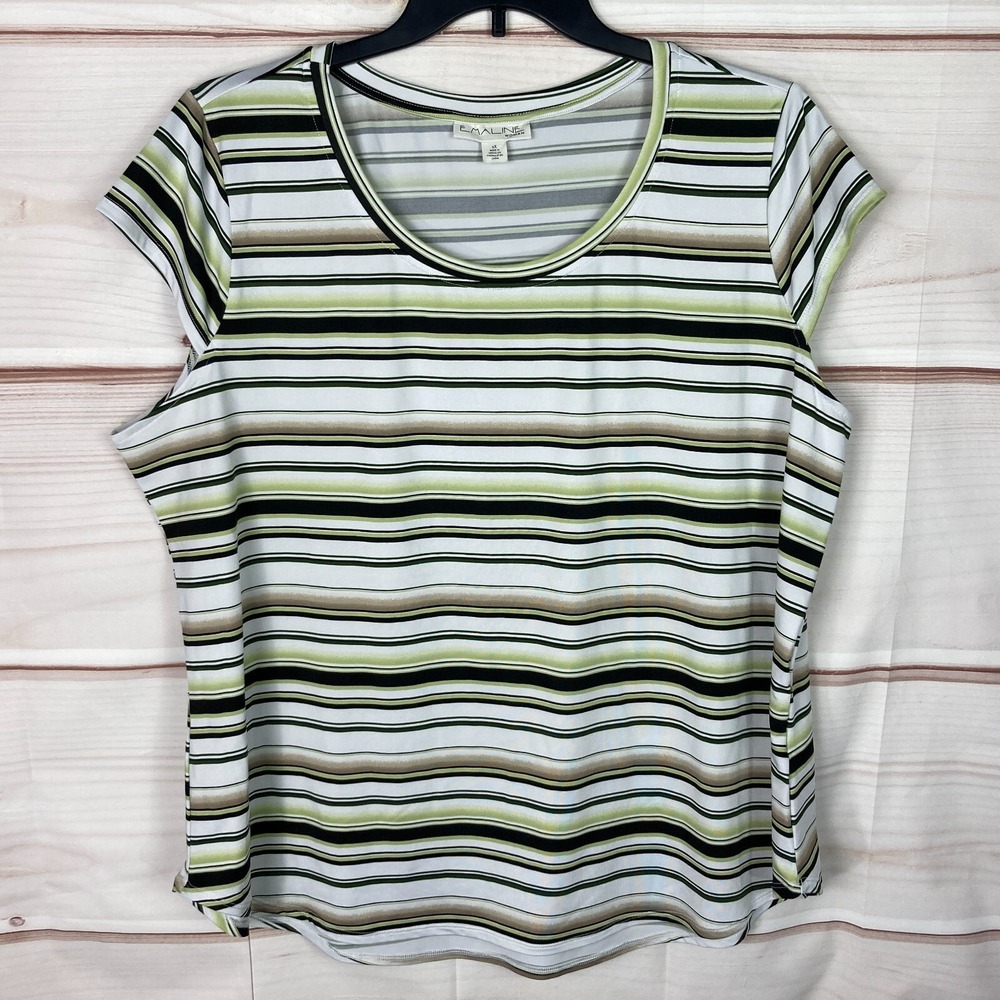 Emaline Top Women 2X Multicolor Stripe Blouse Cap Sleeve Knit Round Neck Stretch